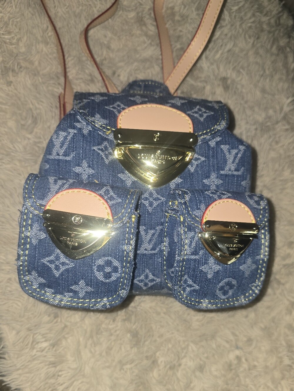 Cotton Remix Blue Monogram Denim Midi Backpack Tan Trim - Picture 10 of 16